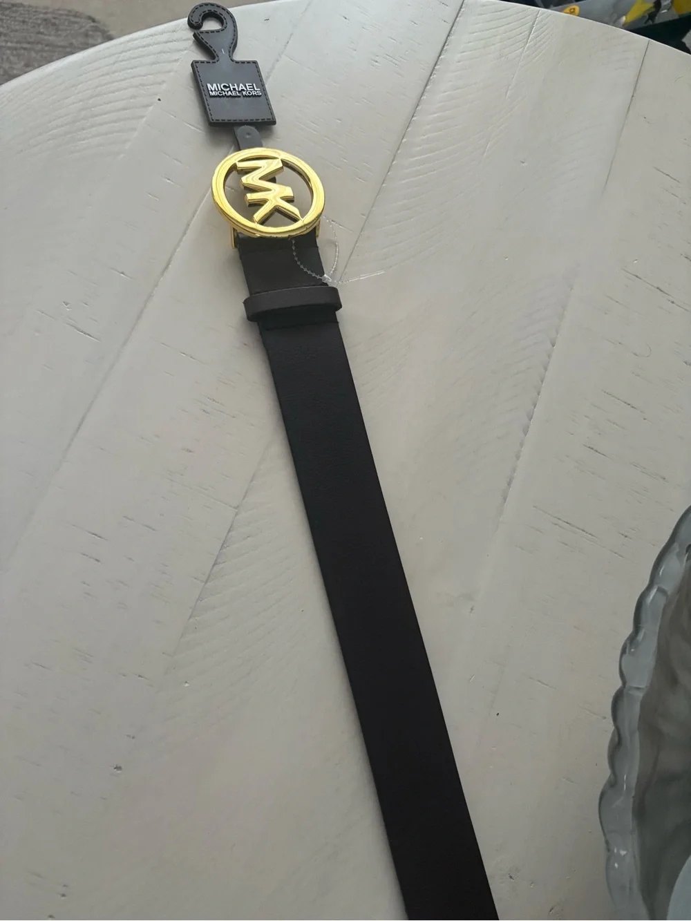 Michael Kors Brown Leather Belt with Gold MK Circle Buckle